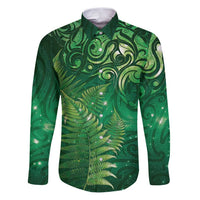 Matariki New Zealand Maori Silver Fern Family Matching Puletasi and Hawaiian Shirt Galaxy Green Sky Style LT03 Dad's Shirt - Long Sleeve Green - Polynesian Pride