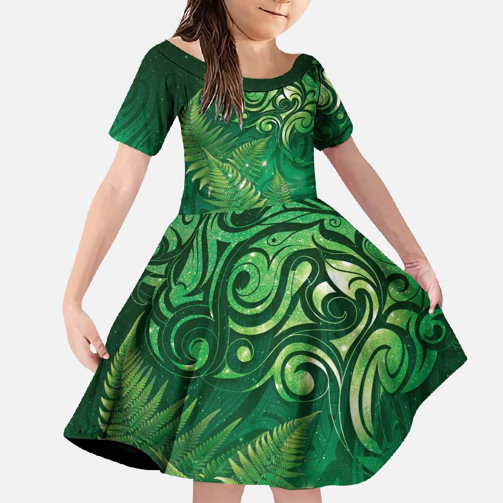 Matariki New Zealand Maori Silver Fern Family Matching Short Sleeve Bodycon Dress and Hawaiian Shirt Galaxy Green Sky Style LT03 Daughter's Dress Green - Polynesian Pride