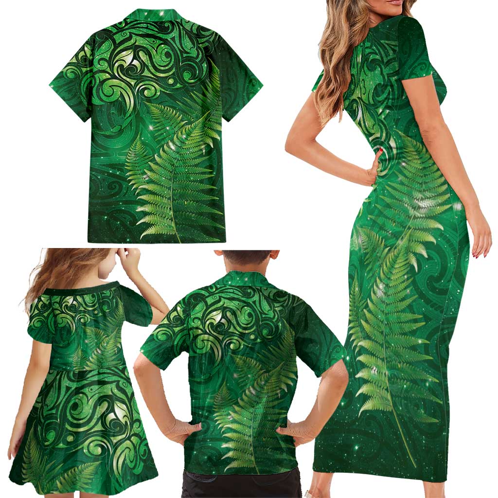 Matariki New Zealand Maori Silver Fern Family Matching Short Sleeve Bodycon Dress and Hawaiian Shirt Galaxy Green Sky Style LT03 - Polynesian Pride
