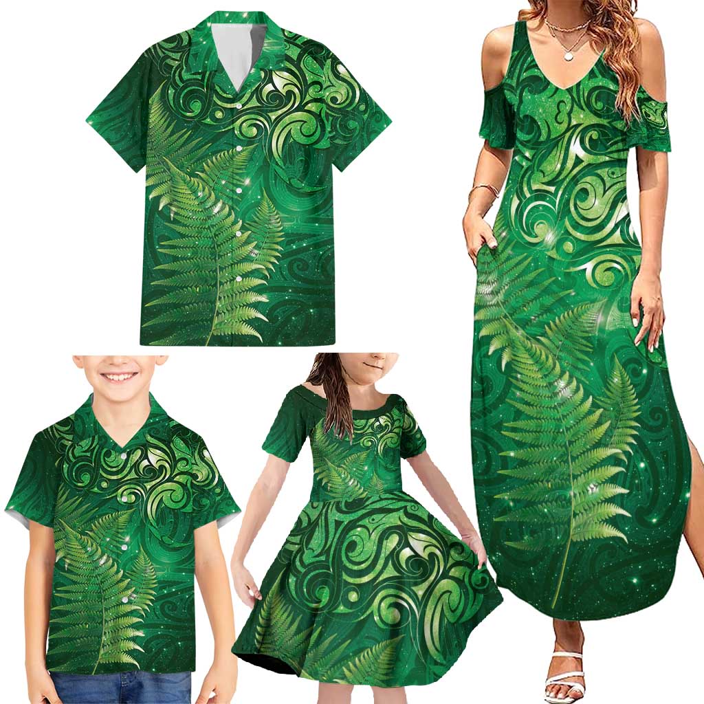 Matariki New Zealand Maori Silver Fern Family Matching Summer Maxi Dress and Hawaiian Shirt Galaxy Green Sky Style LT03 - Polynesian Pride