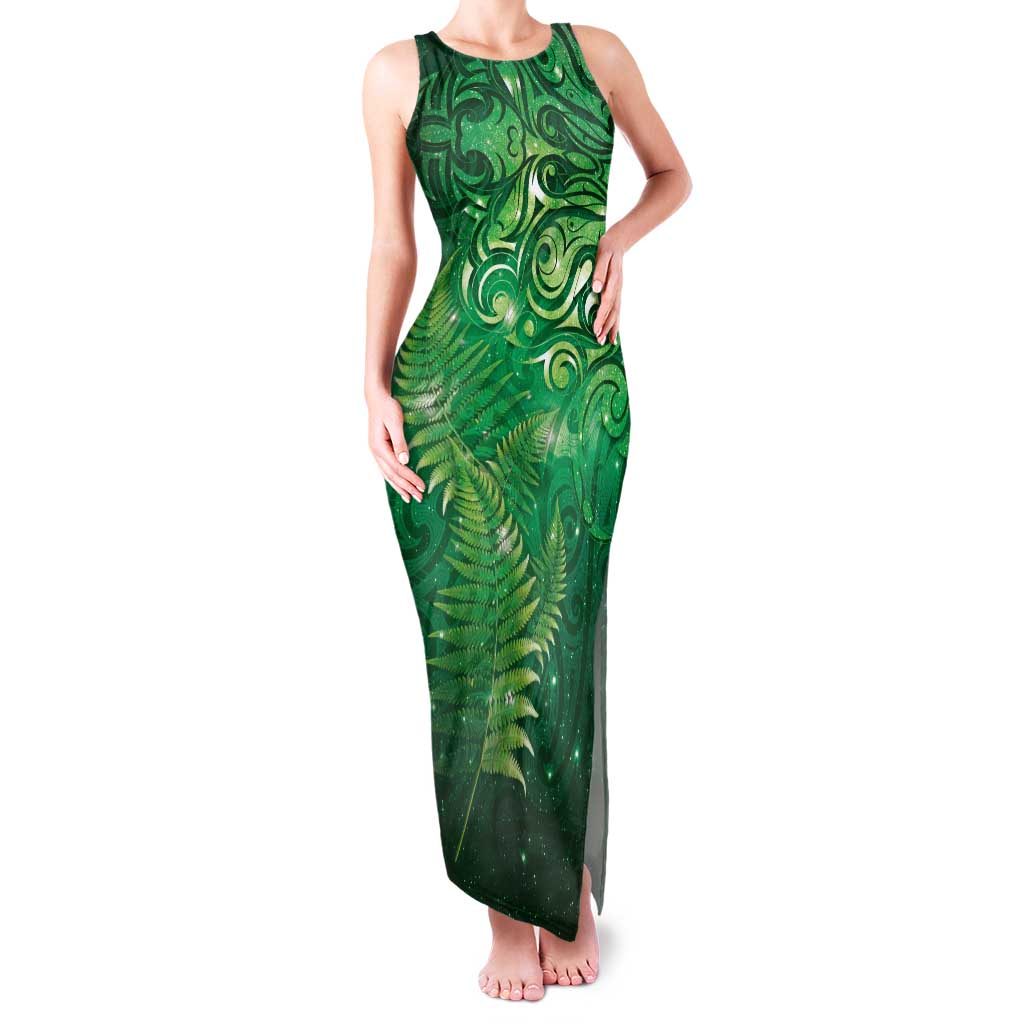 Matariki New Zealand Maori Silver Fern Family Matching Tank Maxi Dress and Hawaiian Shirt Galaxy Green Sky Style LT03 Mom's Dress Green - Polynesian Pride