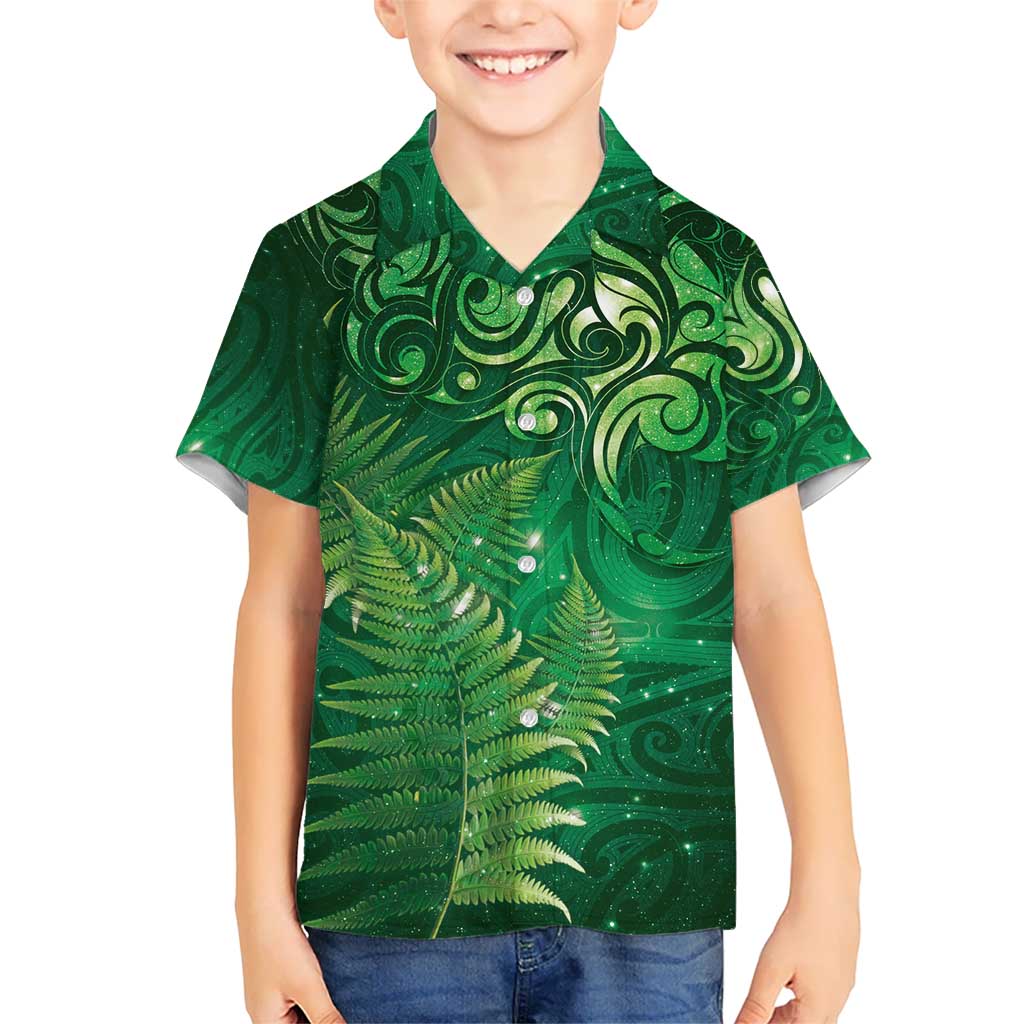 Matariki New Zealand Maori Silver Fern Kid Hawaiian Shirt Galaxy Green Sky Style LT03 Kid Green - Polynesian Pride