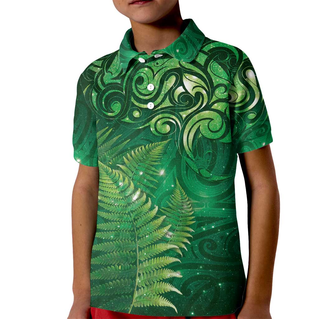 Matariki New Zealand Maori Silver Fern Kid Polo Shirt Galaxy Green Sky Style LT03 Kid Green - Polynesian Pride