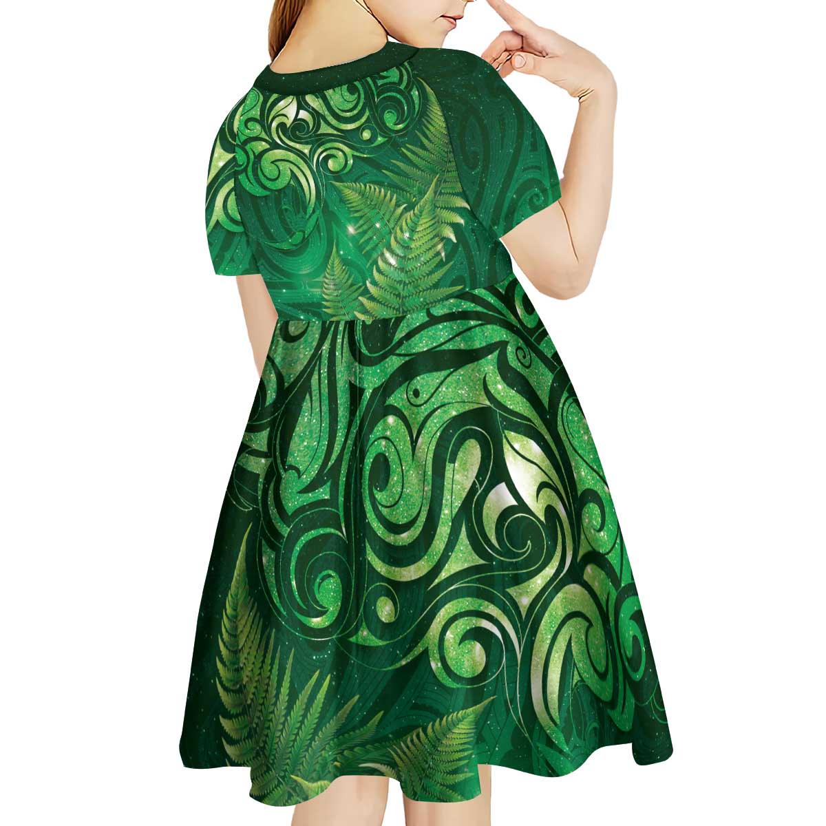 Matariki New Zealand Maori Silver Fern Kid Short Sleeve Dress Galaxy Green Sky Style LT03 - Polynesian Pride