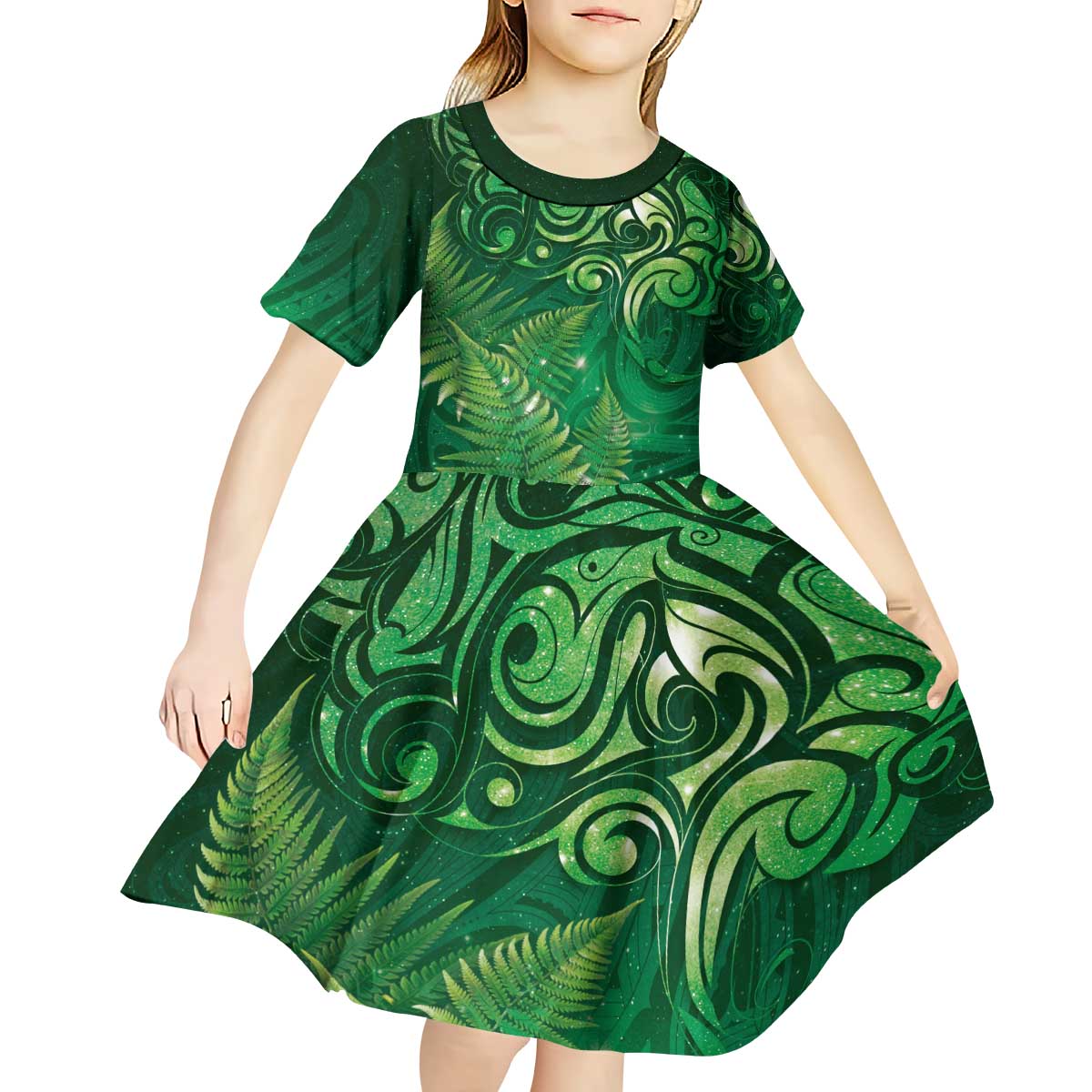 Matariki New Zealand Maori Silver Fern Kid Short Sleeve Dress Galaxy Green Sky Style LT03 - Polynesian Pride