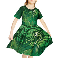 Matariki New Zealand Maori Silver Fern Kid Short Sleeve Dress Galaxy Green Sky Style LT03 - Polynesian Pride