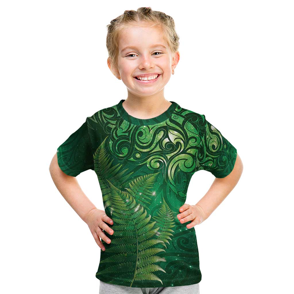 Matariki New Zealand Maori Silver Fern Kid T Shirt Galaxy Green Sky Style LT03 Green - Polynesian Pride