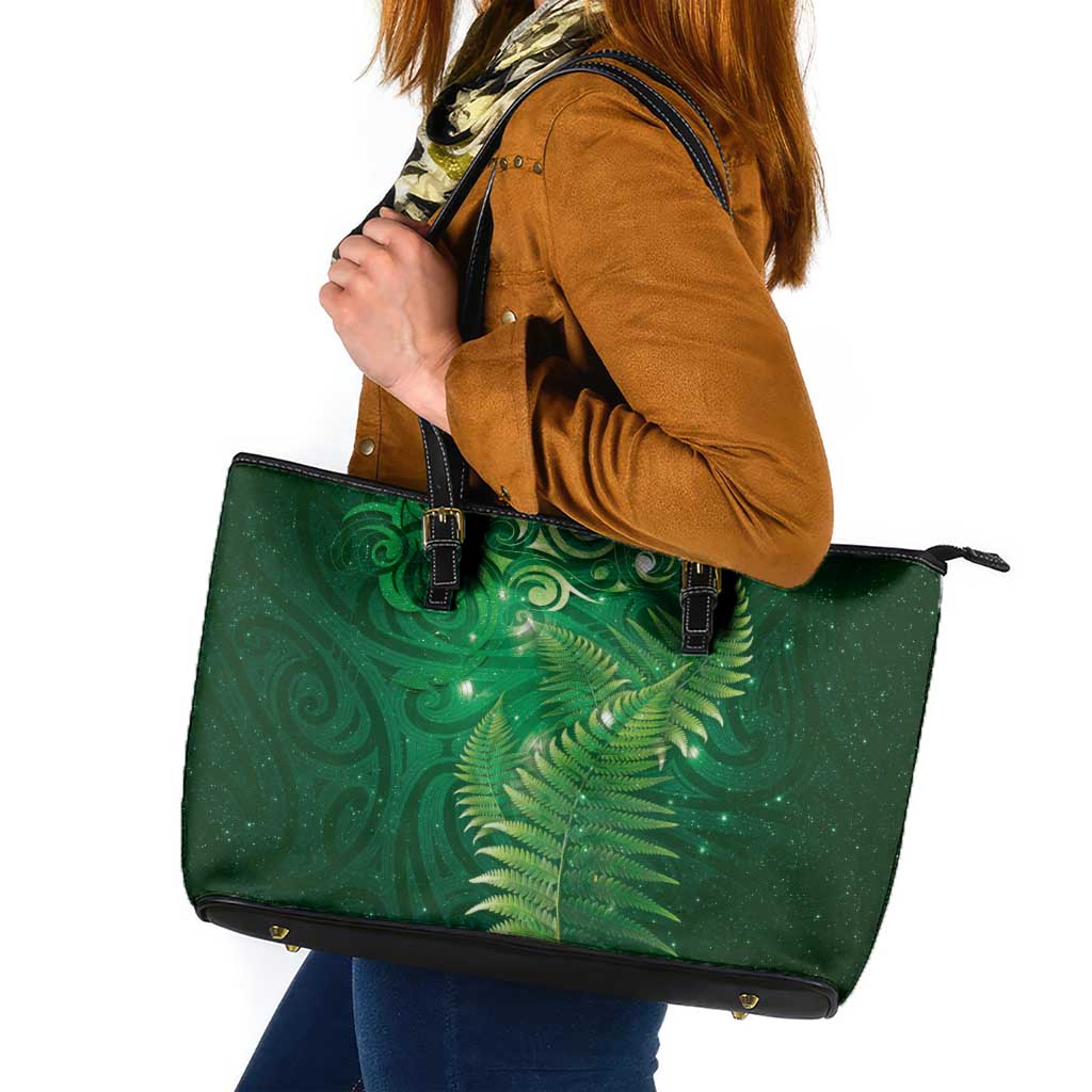Matariki New Zealand Maori Silver Fern Leather Tote Bag Galaxy Green Sky Style LT03 Green - Polynesian Pride
