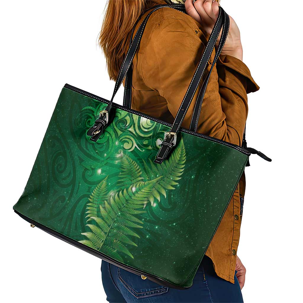 Matariki New Zealand Maori Silver Fern Leather Tote Bag Galaxy Green Sky Style LT03 - Polynesian Pride