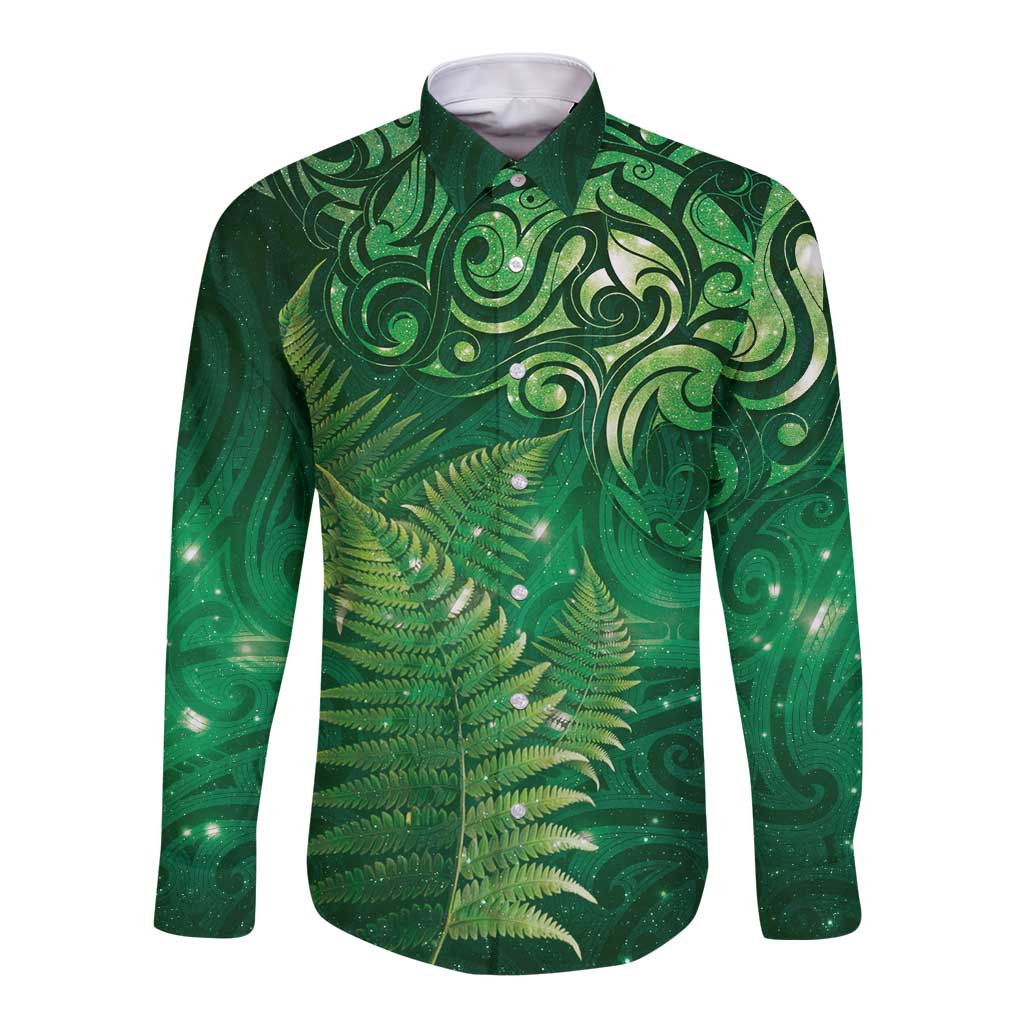 Matariki New Zealand Maori Silver Fern Long Sleeve Button Shirt Galaxy Green Sky Style LT03 Unisex Green - Polynesian Pride