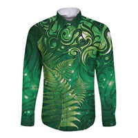 Matariki New Zealand Maori Silver Fern Long Sleeve Button Shirt Galaxy Green Sky Style LT03 Unisex Green - Polynesian Pride