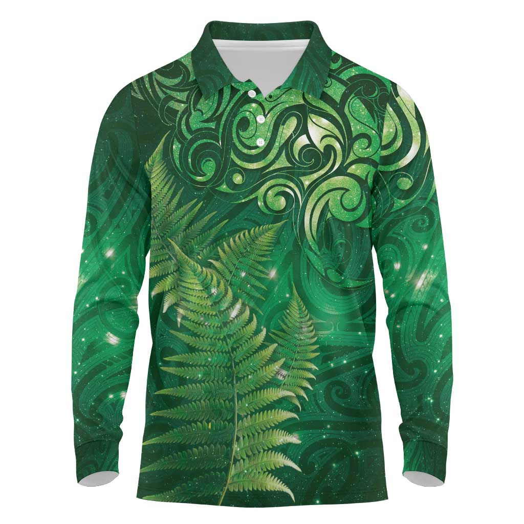 Matariki New Zealand Maori Silver Fern Long Sleeve Polo Shirt Galaxy Green Sky Style LT03 Green - Polynesian Pride