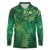 Matariki New Zealand Maori Silver Fern Long Sleeve Polo Shirt Galaxy Green Sky Style LT03 Green - Polynesian Pride