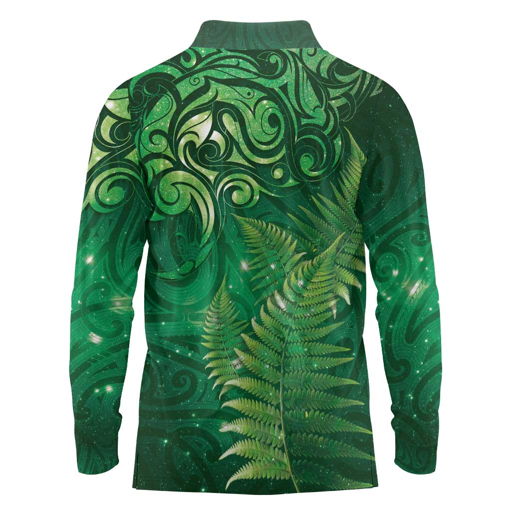 Matariki New Zealand Maori Silver Fern Long Sleeve Polo Shirt Galaxy Green Sky Style LT03 - Polynesian Pride