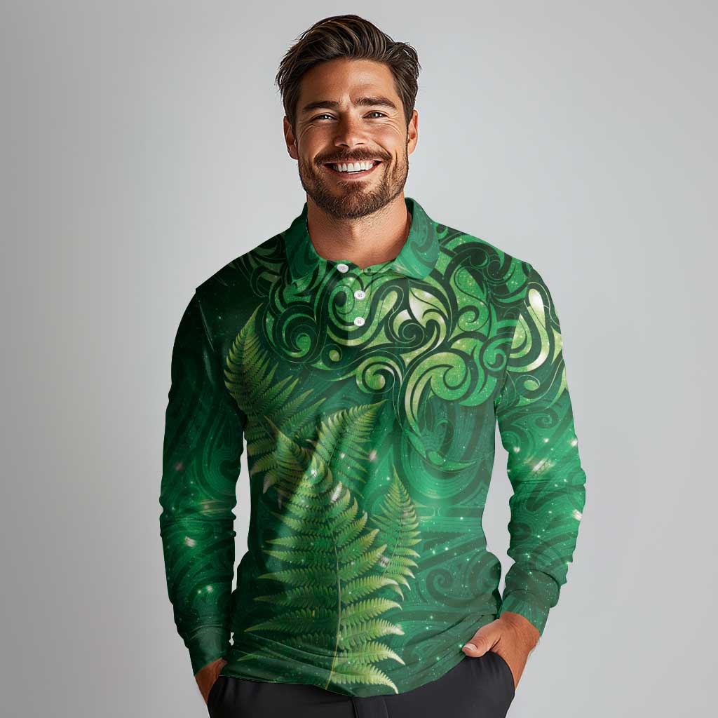 Matariki New Zealand Maori Silver Fern Long Sleeve Polo Shirt Galaxy Green Sky Style LT03 - Polynesian Pride