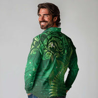 Matariki New Zealand Maori Silver Fern Long Sleeve Polo Shirt Galaxy Green Sky Style LT03 - Polynesian Pride