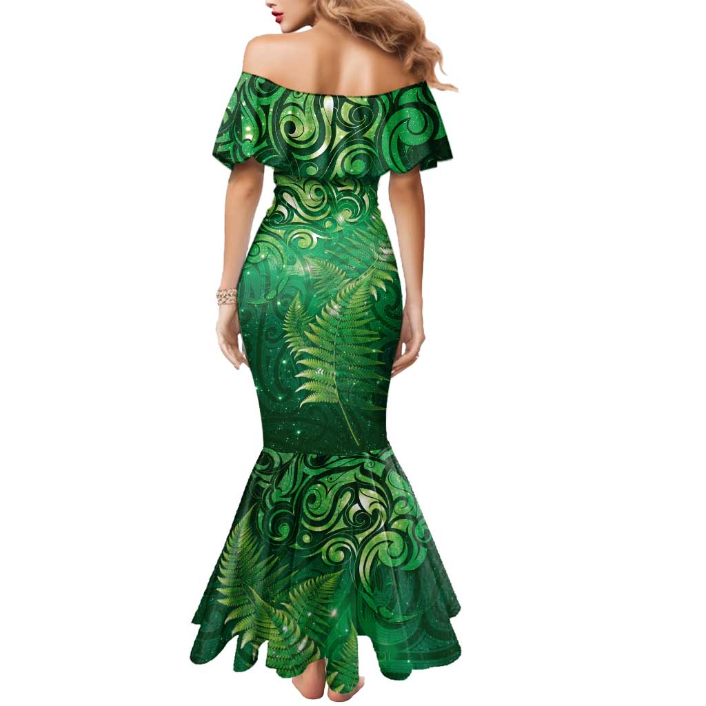 Matariki New Zealand Maori Silver Fern Mermaid Dress Galaxy Green Sky Style LT03 - Polynesian Pride