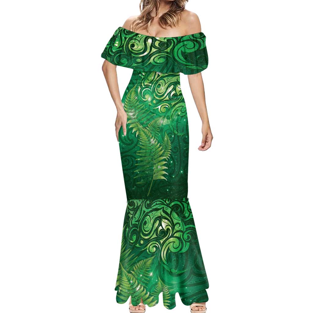 Matariki New Zealand Maori Silver Fern Mermaid Dress Galaxy Green Sky Style LT03 - Polynesian Pride