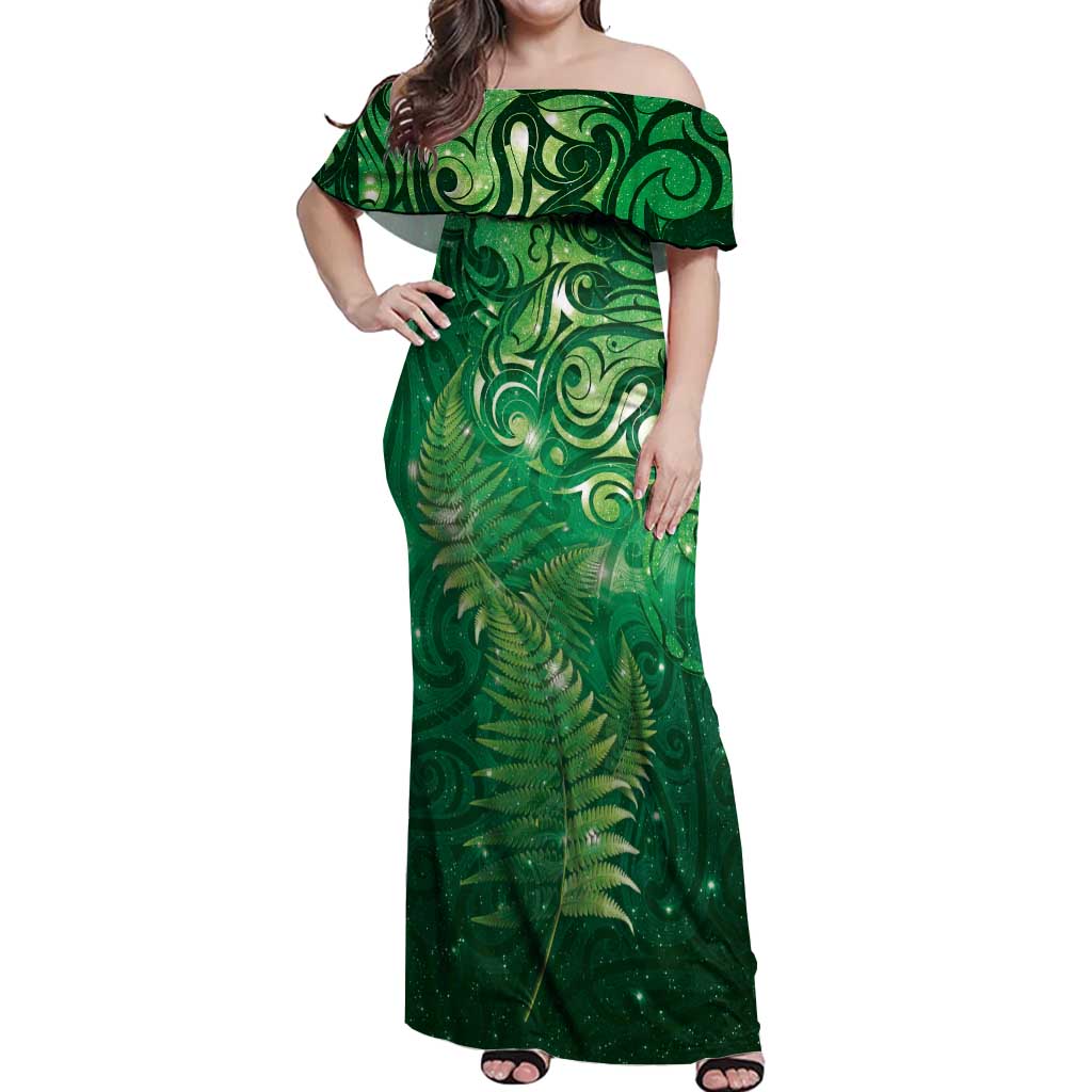 Matariki New Zealand Maori Silver Fern Off Shoulder Maxi Dress Galaxy Green Sky Style LT03 Women Green - Polynesian Pride