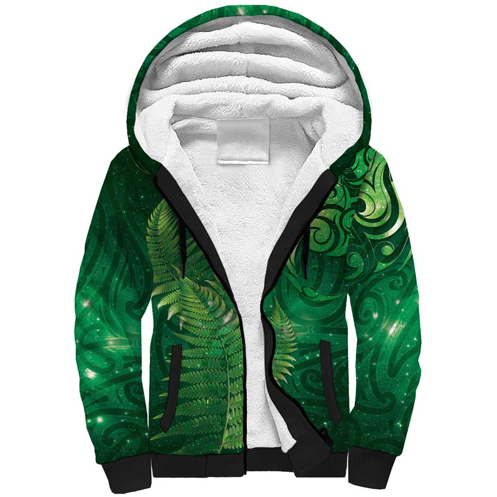 Matariki New Zealand Maori Silver Fern Sherpa Hoodie Galaxy Green Sky Style LT03 Unisex Green - Polynesian Pride
