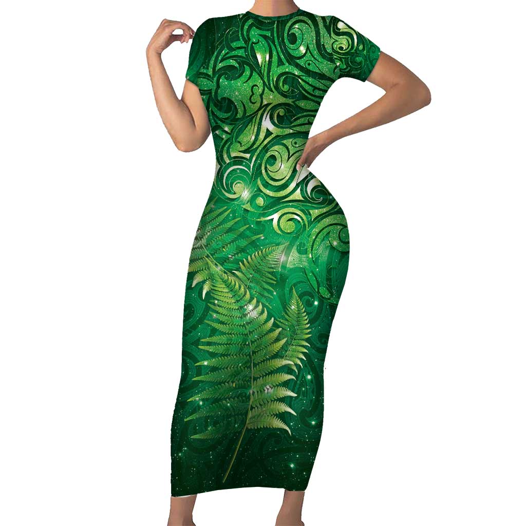Matariki New Zealand Maori Silver Fern Short Sleeve Bodycon Dress Galaxy Green Sky Style LT03 Long Dress Green - Polynesian Pride