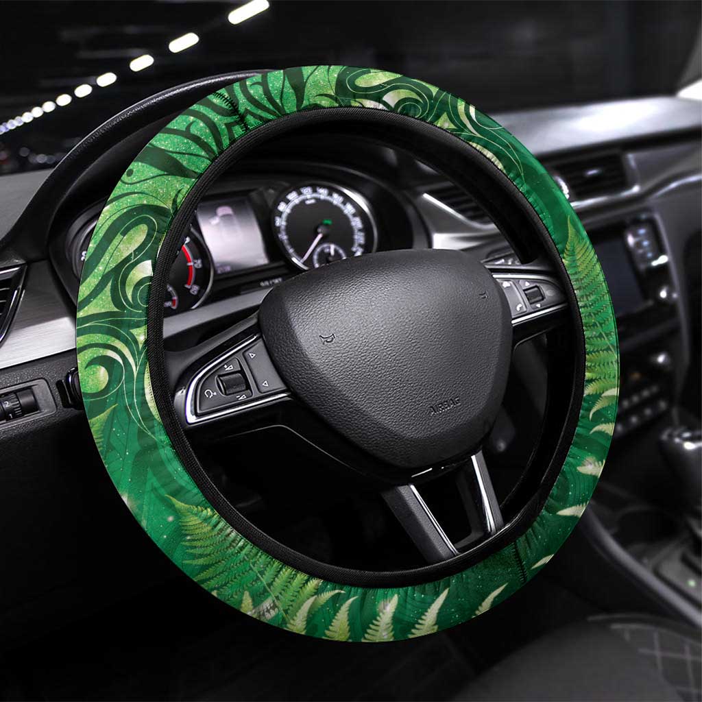 Matariki New Zealand Maori Silver Fern Steering Wheel Cover Galaxy Green Sky Style LT03 Universal Fit Green - Polynesian Pride