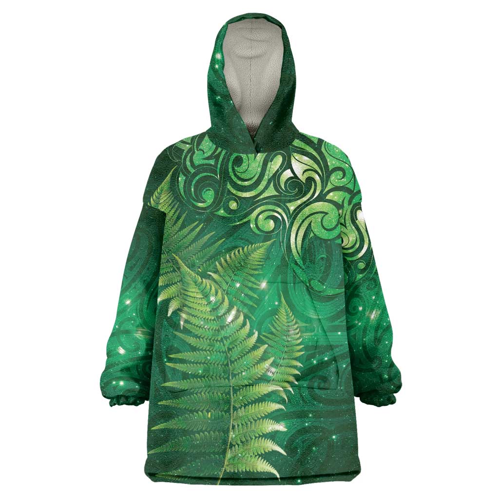 Matariki New Zealand Maori Silver Fern Wearable Blanket Hoodie Galaxy Green Sky Style LT03 One Size Green - Polynesian Pride
