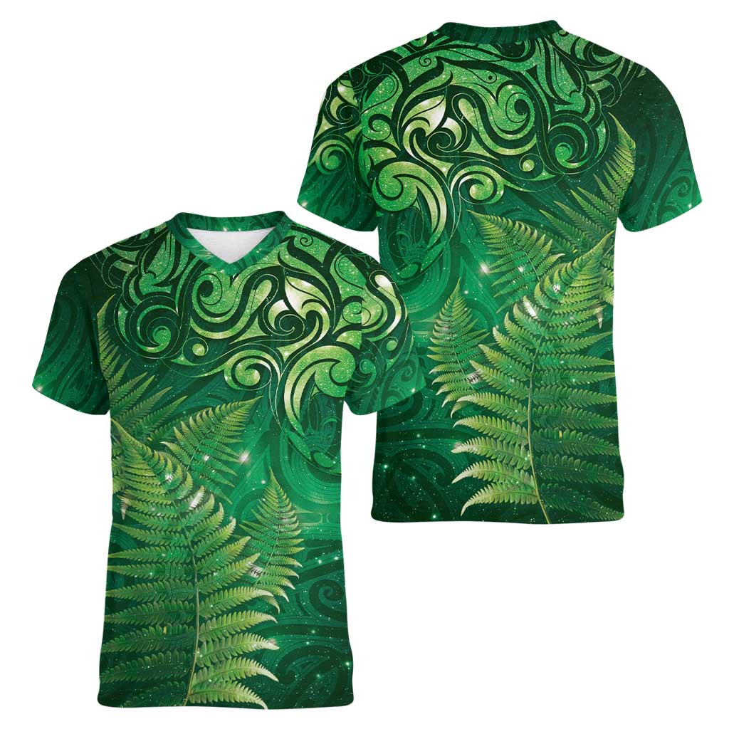 Matariki New Zealand Maori Silver Fern Women V-Neck T-Shirt Galaxy Green Sky Style LT03 - Polynesian Pride