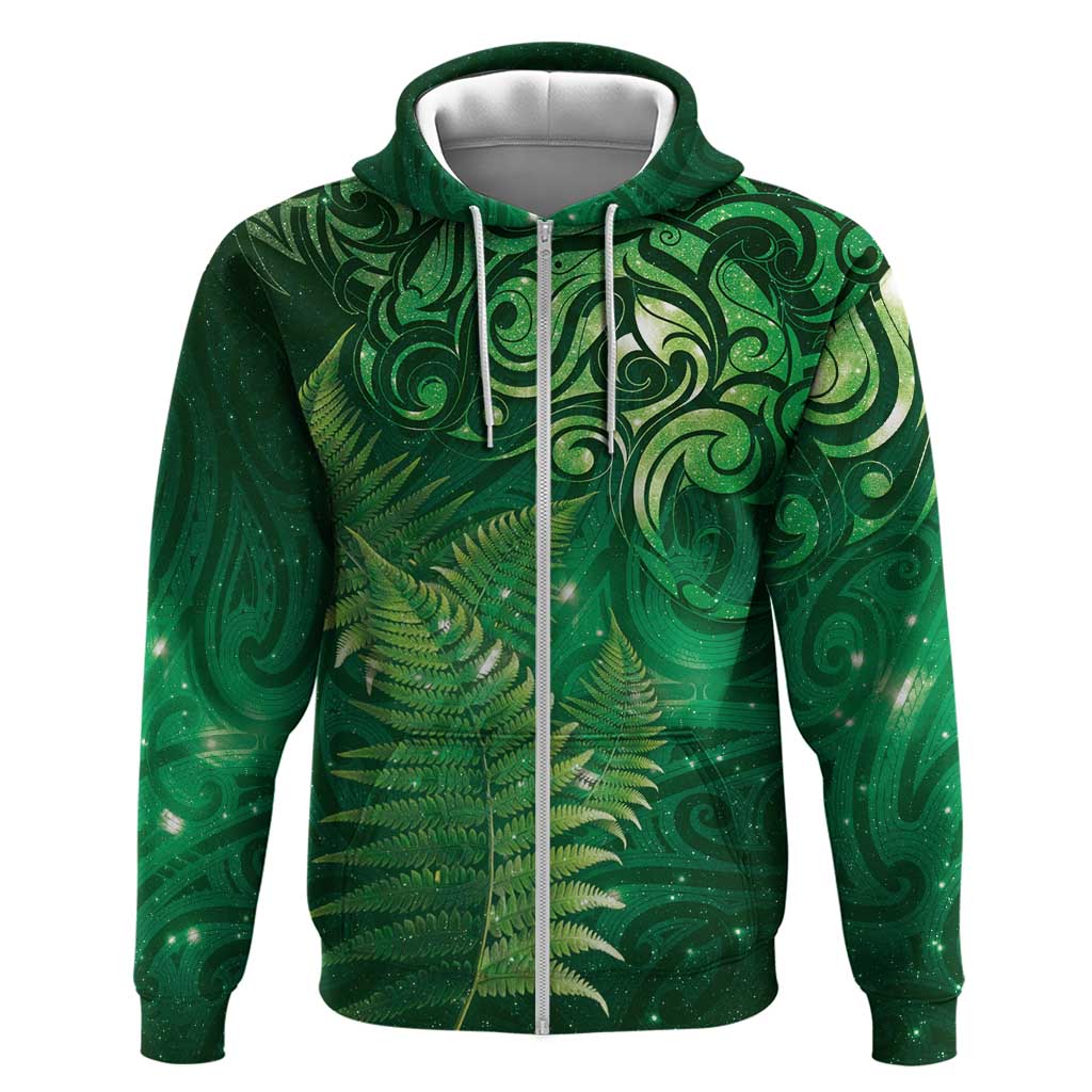 Matariki New Zealand Maori Silver Fern Zip Hoodie Galaxy Green Sky Style LT03 Zip Hoodie Green - Polynesian Pride