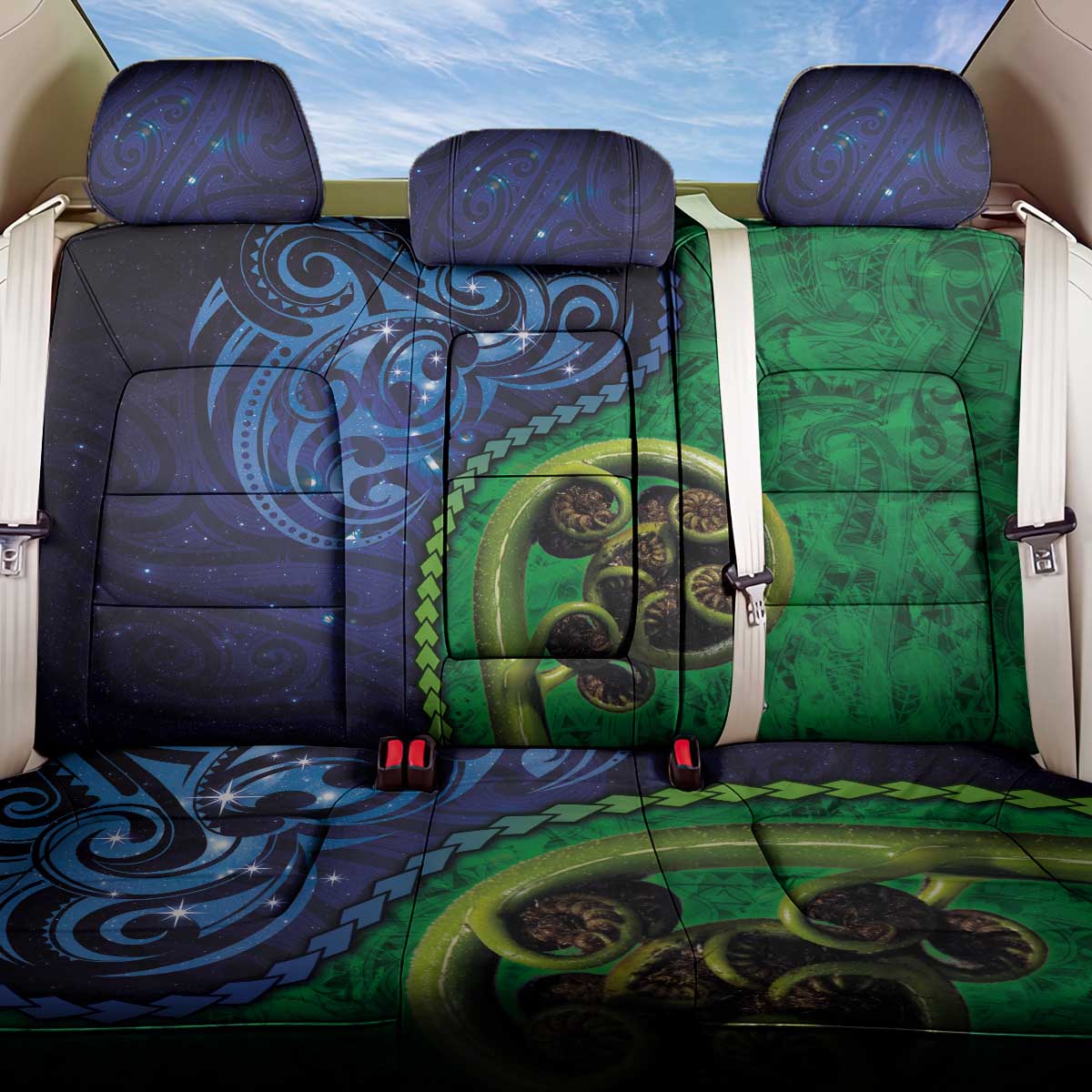 New Zealand Matariki Fern Frond Koru Back Car Seat Cover with Galaxy Blue Sky and Green Paua Shell Art LT03 One Size Blue - Polynesian Pride