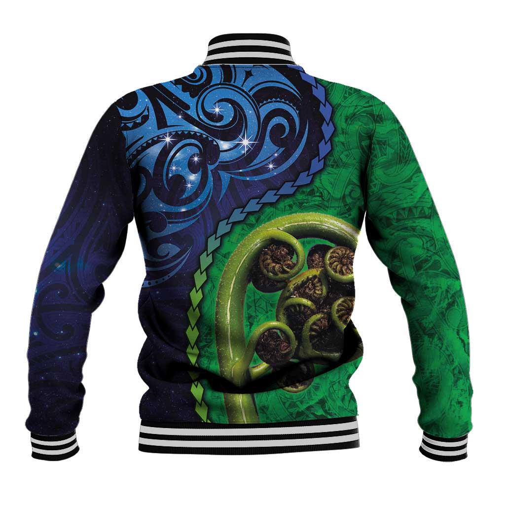 New Zealand Matariki Fern Frond Koru Baseball Jacket with Galaxy Blue Sky and Green Paua Shell Art LT03 - Polynesian Pride