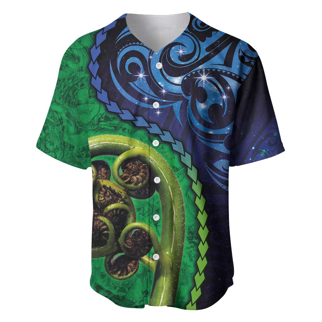 New Zealand Matariki Fern Frond Koru Baseball Jersey with Galaxy Blue Sky and Green Paua Shell Art LT03 Blue - Polynesian Pride
