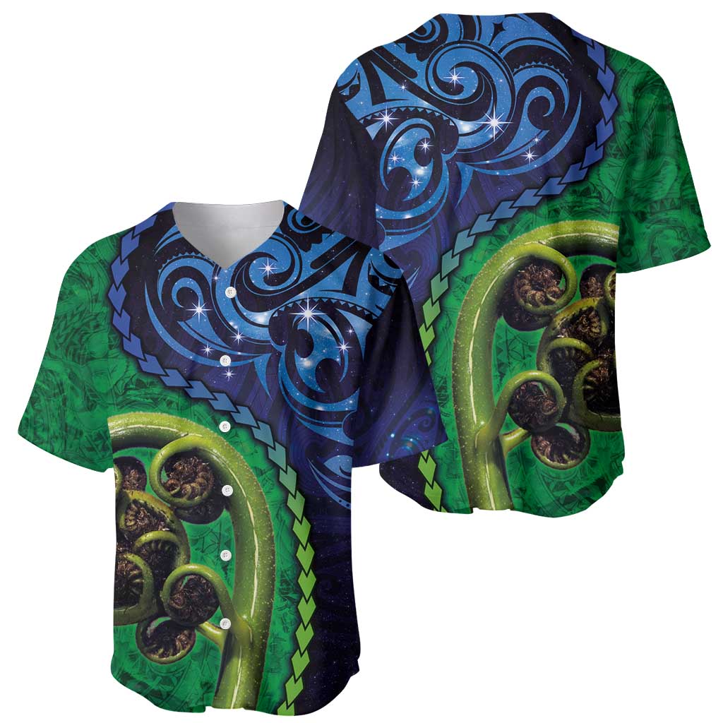 New Zealand Matariki Fern Frond Koru Baseball Jersey with Galaxy Blue Sky and Green Paua Shell Art LT03 - Polynesian Pride