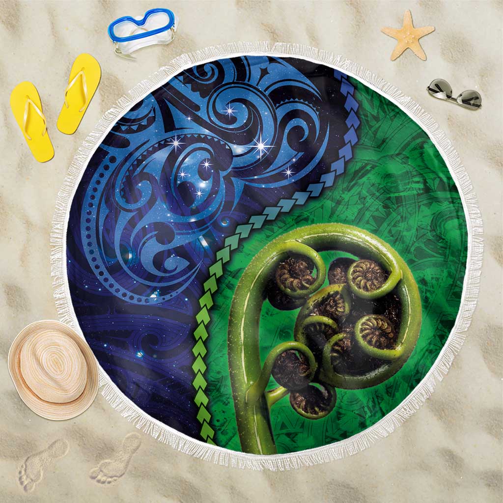New Zealand Matariki Fern Frond Koru Beach Blanket with Galaxy Blue Sky and Green Paua Shell Art LT03 One Size 150cm Blue - Polynesian Pride