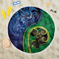 New Zealand Matariki Fern Frond Koru Beach Blanket with Galaxy Blue Sky and Green Paua Shell Art LT03 One Size 150cm Blue - Polynesian Pride