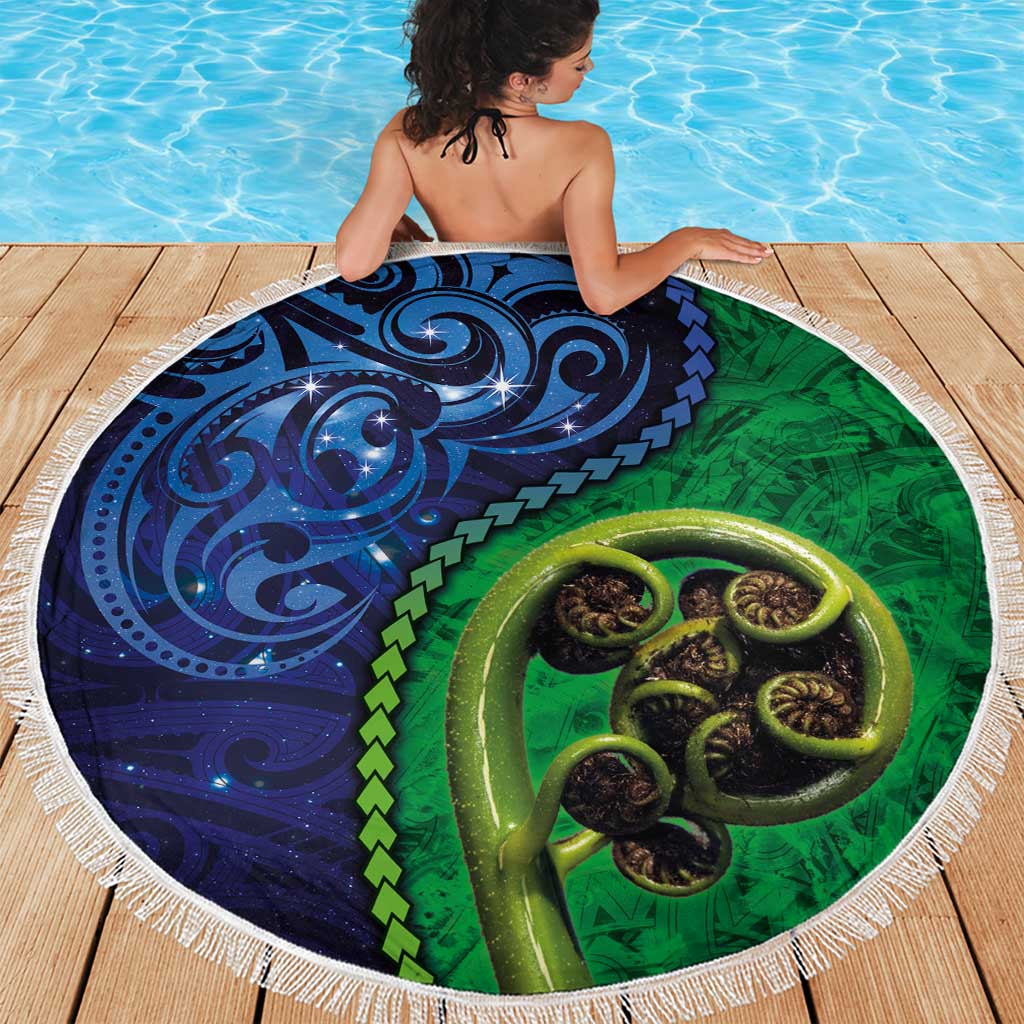 New Zealand Matariki Fern Frond Koru Beach Blanket with Galaxy Blue Sky and Green Paua Shell Art LT03 - Polynesian Pride