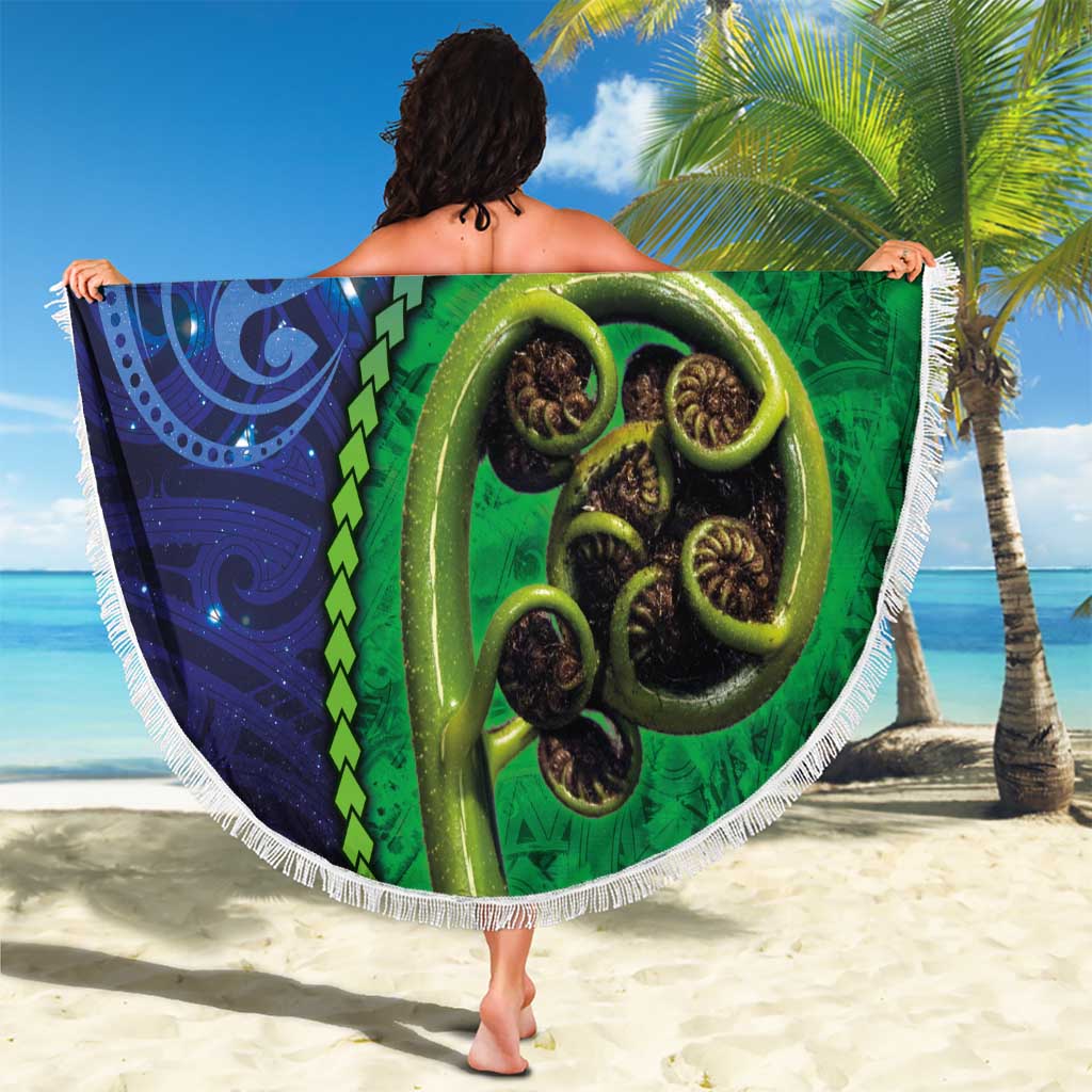 New Zealand Matariki Fern Frond Koru Beach Blanket with Galaxy Blue Sky and Green Paua Shell Art LT03 - Polynesian Pride