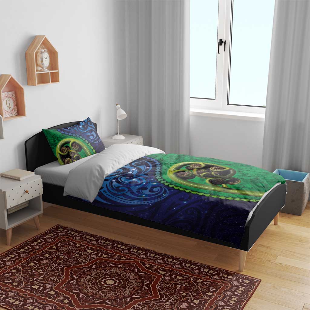 New Zealand Matariki Fern Frond Koru Bedding Set with Galaxy Blue Sky and Green Paua Shell Art LT03 - Polynesian Pride