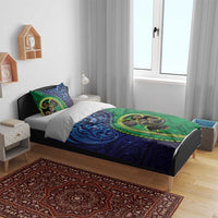 New Zealand Matariki Fern Frond Koru Bedding Set with Galaxy Blue Sky and Green Paua Shell Art LT03 - Polynesian Pride