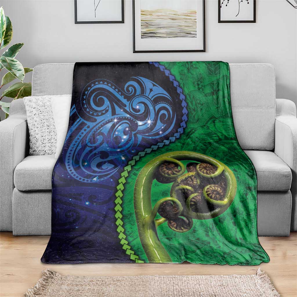 New Zealand Matariki Fern Frond Koru Blanket with Galaxy Blue Sky and Green Paua Shell Art LT03 - Polynesian Pride