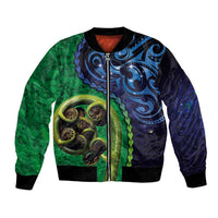 New Zealand Matariki Fern Frond Koru Bomber Jacket with Galaxy Blue Sky and Green Paua Shell Art LT03 Unisex Blue - Polynesian Pride