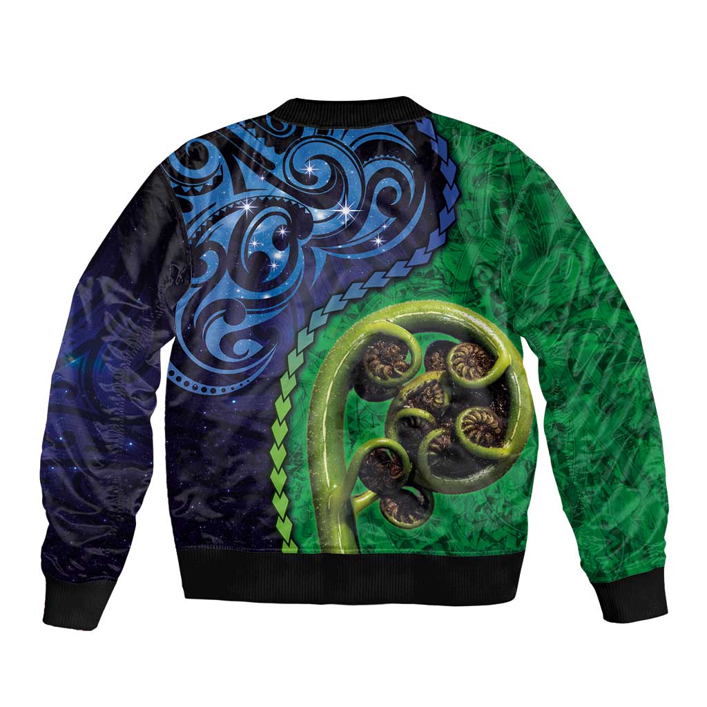 New Zealand Matariki Fern Frond Koru Bomber Jacket with Galaxy Blue Sky and Green Paua Shell Art LT03 - Polynesian Pride