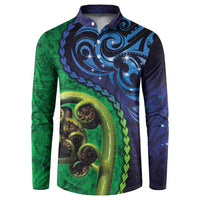 New Zealand Matariki Fern Frond Koru Button Sweatshirt with Galaxy Blue Sky and Green Paua Shell Art LT03 Blue - Polynesian Pride