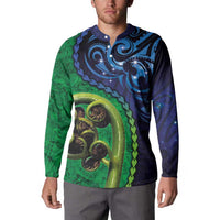 New Zealand Matariki Fern Frond Koru Button Sweatshirt with Galaxy Blue Sky and Green Paua Shell Art LT03 - Polynesian Pride