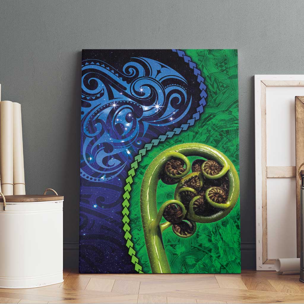 New Zealand Matariki Fern Frond Koru Canvas Wall Art with Galaxy Blue Sky and Green Paua Shell Art LT03 - Polynesian Pride