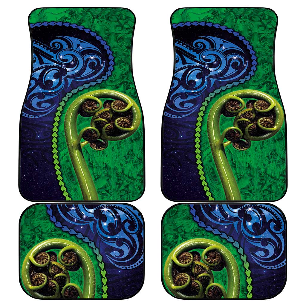 New Zealand Matariki Fern Frond Koru Car Mats with Galaxy Blue Sky and Green Paua Shell Art LT03 - Polynesian Pride