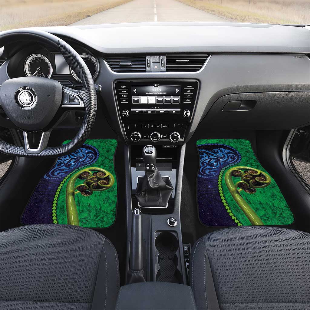 New Zealand Matariki Fern Frond Koru Car Mats with Galaxy Blue Sky and Green Paua Shell Art LT03 Set 2pcs - Front Blue - Polynesian Pride