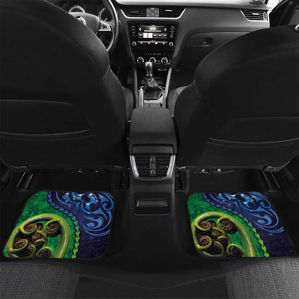 New Zealand Matariki Fern Frond Koru Car Mats with Galaxy Blue Sky and Green Paua Shell Art LT03 Set 2pcs - Back Blue - Polynesian Pride