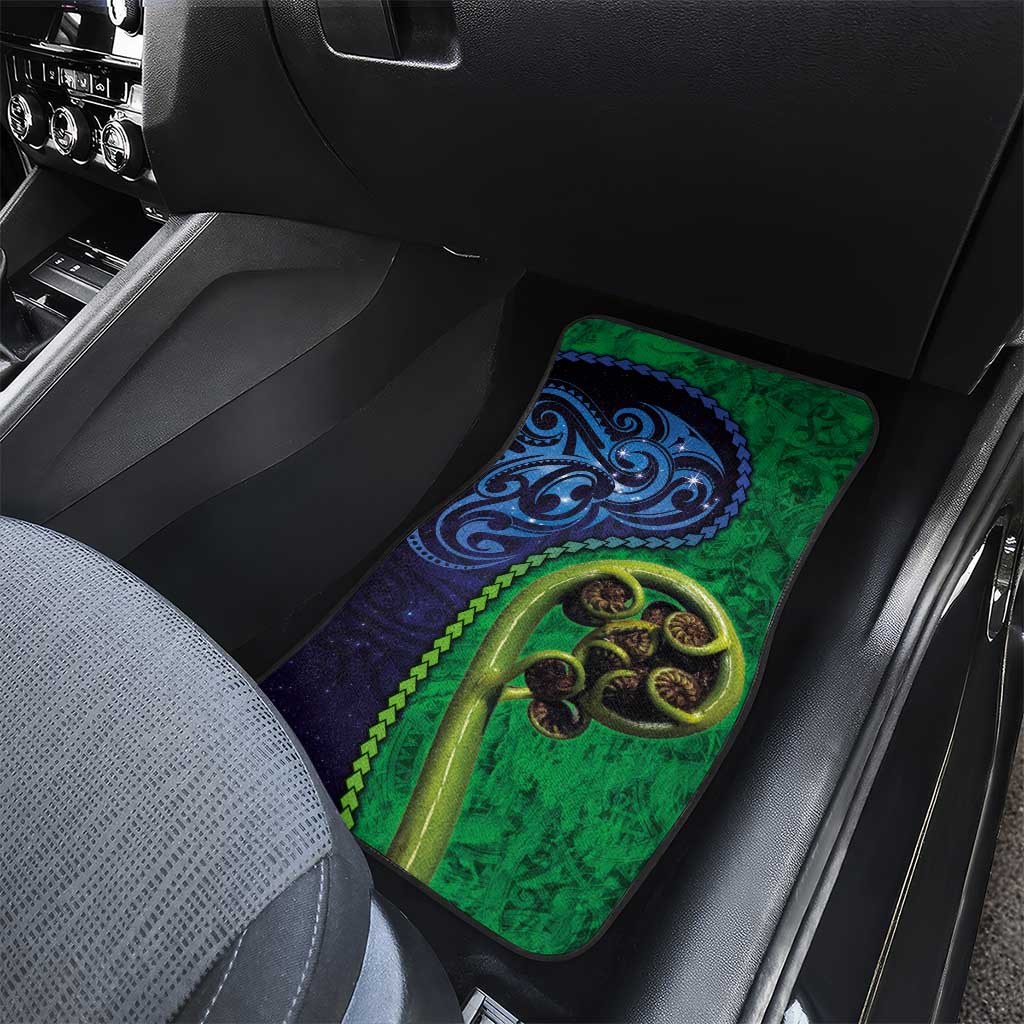 New Zealand Matariki Fern Frond Koru Car Mats with Galaxy Blue Sky and Green Paua Shell Art LT03 - Polynesian Pride