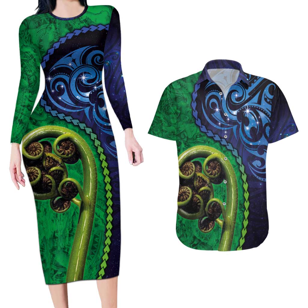 New Zealand Matariki Fern Frond Koru Couples Matching Long Sleeve Bodycon Dress and Hawaiian Shirt with Galaxy Blue Sky and Green Paua Shell Art LT03 Blue - Polynesian Pride